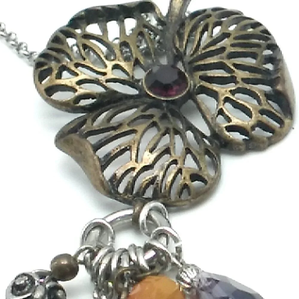 M&S Long Boho Charm Necklace Mixed Metals Colorful Beads Nature-Inspired Dangles